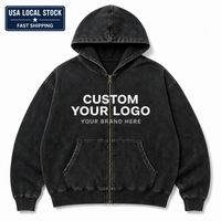 Sudadera con capucha vintage de 350 g/m² al por mayor, stock local en EE. UU., con cremallera completa, lavado ácido, de algodón, con logo personalizado, sudadera lisa para unisex, invierno