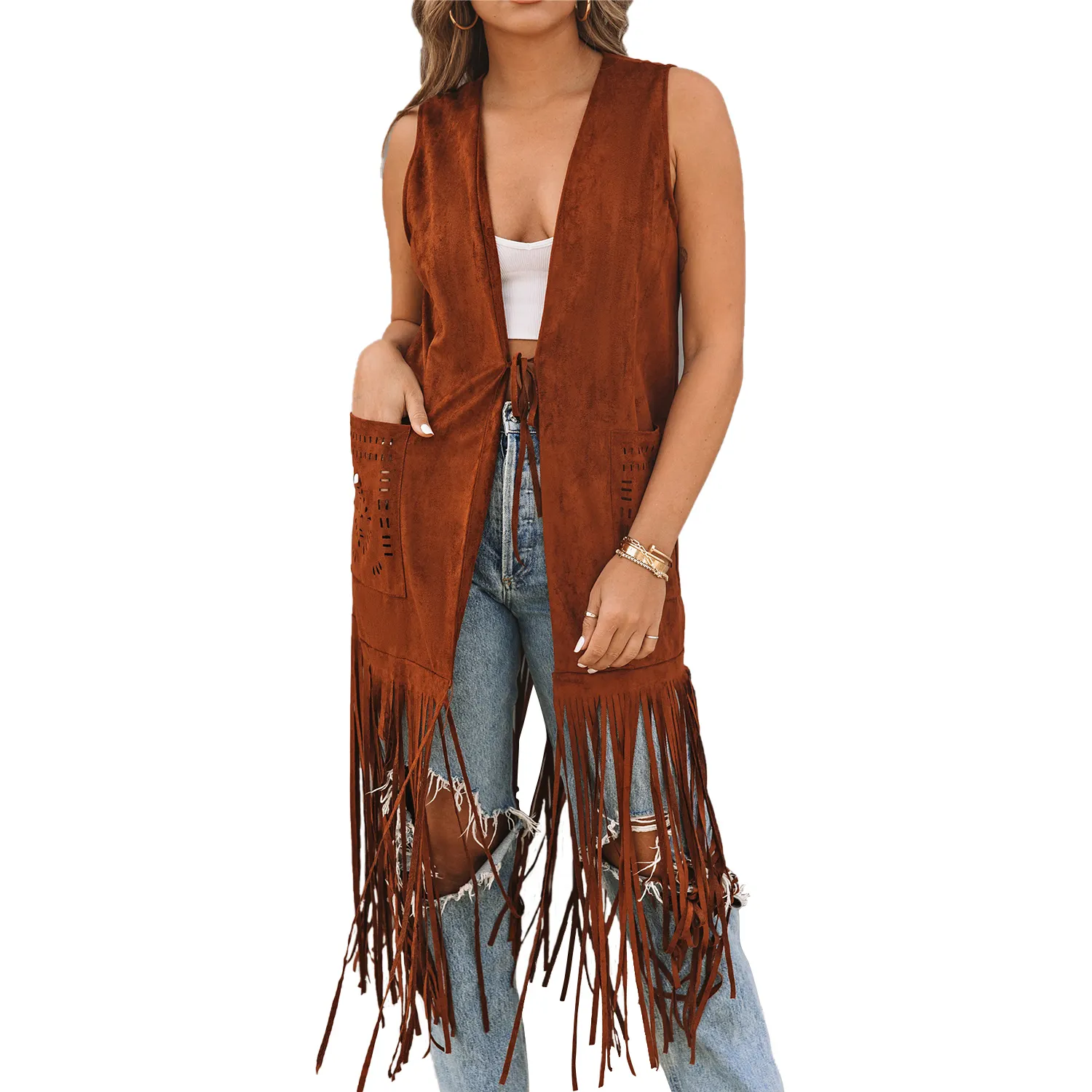 Yeni moda sahte süet Cowgirl Fringe uzun uzunluk kolsuz hırka bayanlar