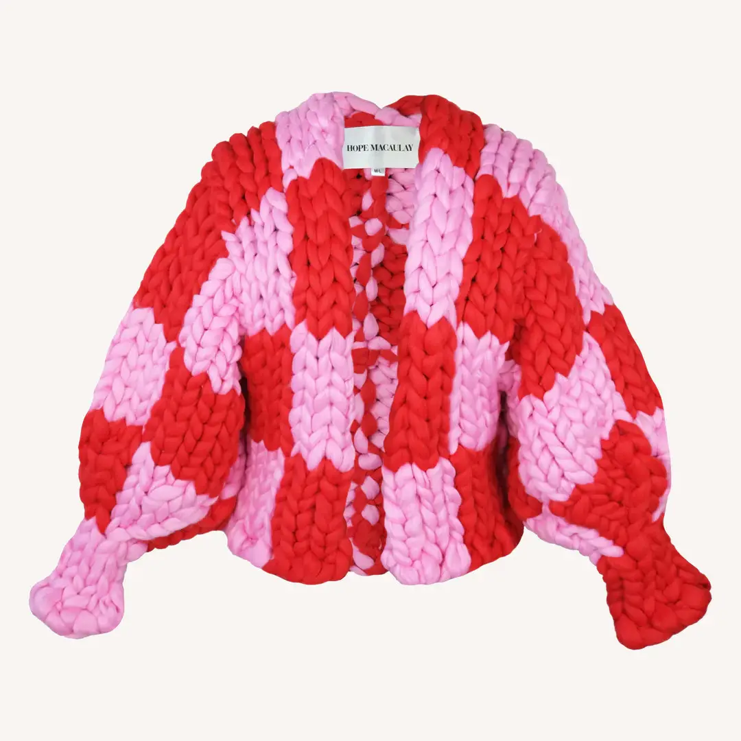 super chunky merino wool giant knit jacket cardigan women red pink checkered hand knit cardigan