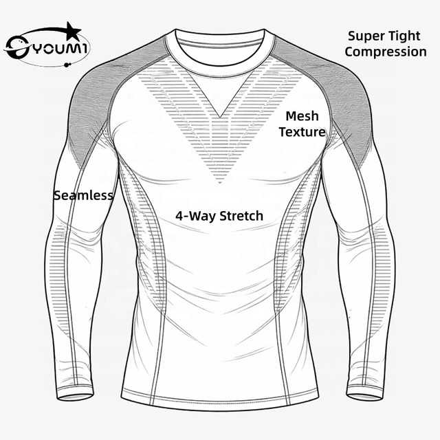 YOUMI Polyester Spandex 4-Way Stretch Mesh Texture Long Sleeve Football Moisture Wicking Heat Sublimation Men's Gym Compression