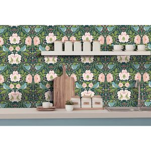 Papier peint adhésif en vinyle HAOKHOME personnalisé avec motif floral, oiseaux et fraises, vert/rose/bleu, 17,3 pouces x 9,8 pieds, décoration de salle de bain et de chambre à coucher - Product Image 2
