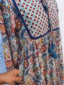 Wholesale Cotton Block Printing <b>Fabric</b> Dress With Round Neckline Looses Fitting, Sewing <b>Pleated</b> Long Dress Casual Women Clothing - Product Image 2