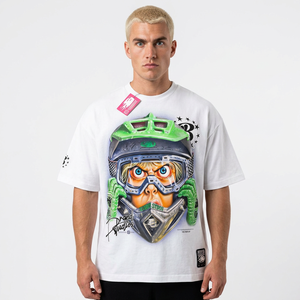 Camiseta Blanca para Hombre, Estampado de Motociclista de Dibujos Animados, Cuello Alto, Manga Corta, Corte Regular, 100% Algodón Jersey, Tela de Seda - Product Image 6