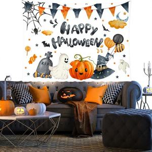 Tapisserie murale de dessin animé pour Halloween, décoration murale en polyester imprimé, rectangulaire, décoration pour la maison avec fantôme, citrouille, chapeau de sorcière - Product Image 5