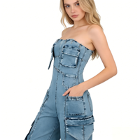 Combinaison cargo en jean sans bretelles pour femme, multi-poches, coupe large, style bustier