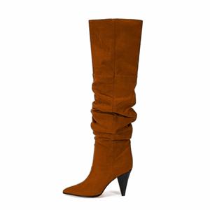 Sepatu bot panjang ujung lancip seksi, sepatu bot tinggi lutut berlipat bahan Suede imitasi ukuran besar 43 untuk wanita musim dingin - Product Image 1