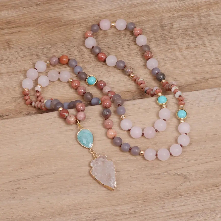 Hot Selling Natural Multi Raw Quartz 108 Beads Mala Necklace Boho Healing Yoga Rose Crystal Arrow Pendant Long Necklaces Women