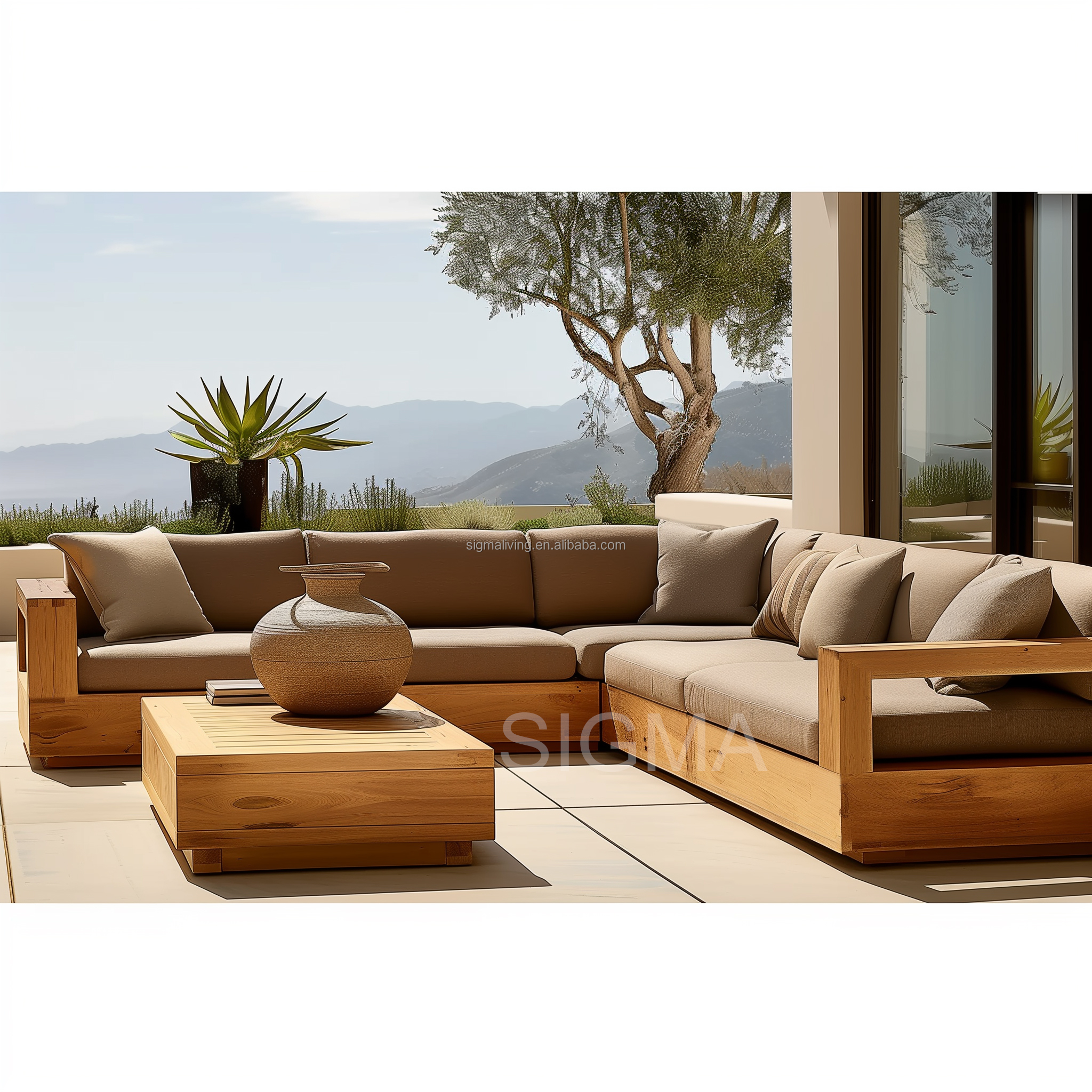 New Design Sigma Luxury Outdoor Hotel Villa Garden Sofa Backyard Wooden Furniture Solid Teak Wood Sofa Sets