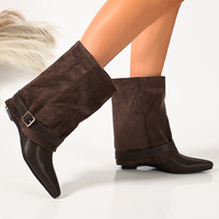 Bottines mi-mollet pour femmes, bottines à bout pointu avec design pliable, sangle décorative à boucle métallique, talon bas, bottes décontractées à la mode pour femmes