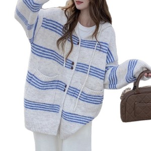 Cárdigan de punto con capucha a rayas, blanco, azul, gris, rojo, grosor estándar, fibra acrílica, suéter para mujer, top oversize, holgado, informal - Product Image 5