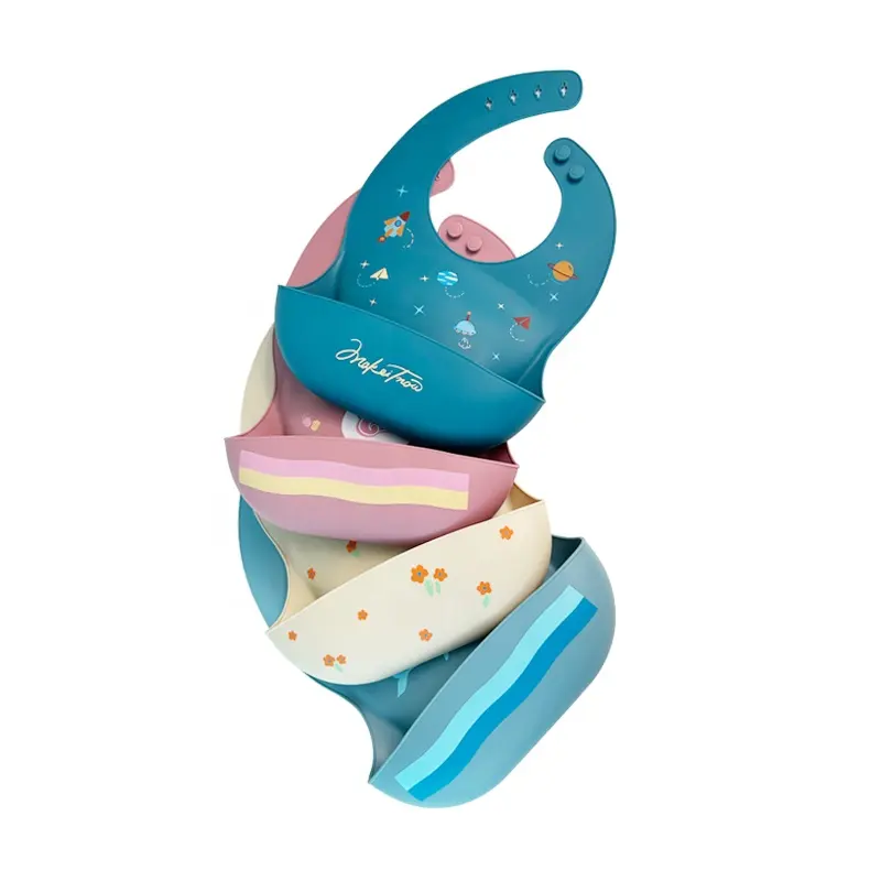 Atacado OEM de Alta Qualidade Pequeno Macio Bonito Azul Comida Segura BPA Livre Bebês Silicona Planet Print Feeding Set Silicone Baby Bib