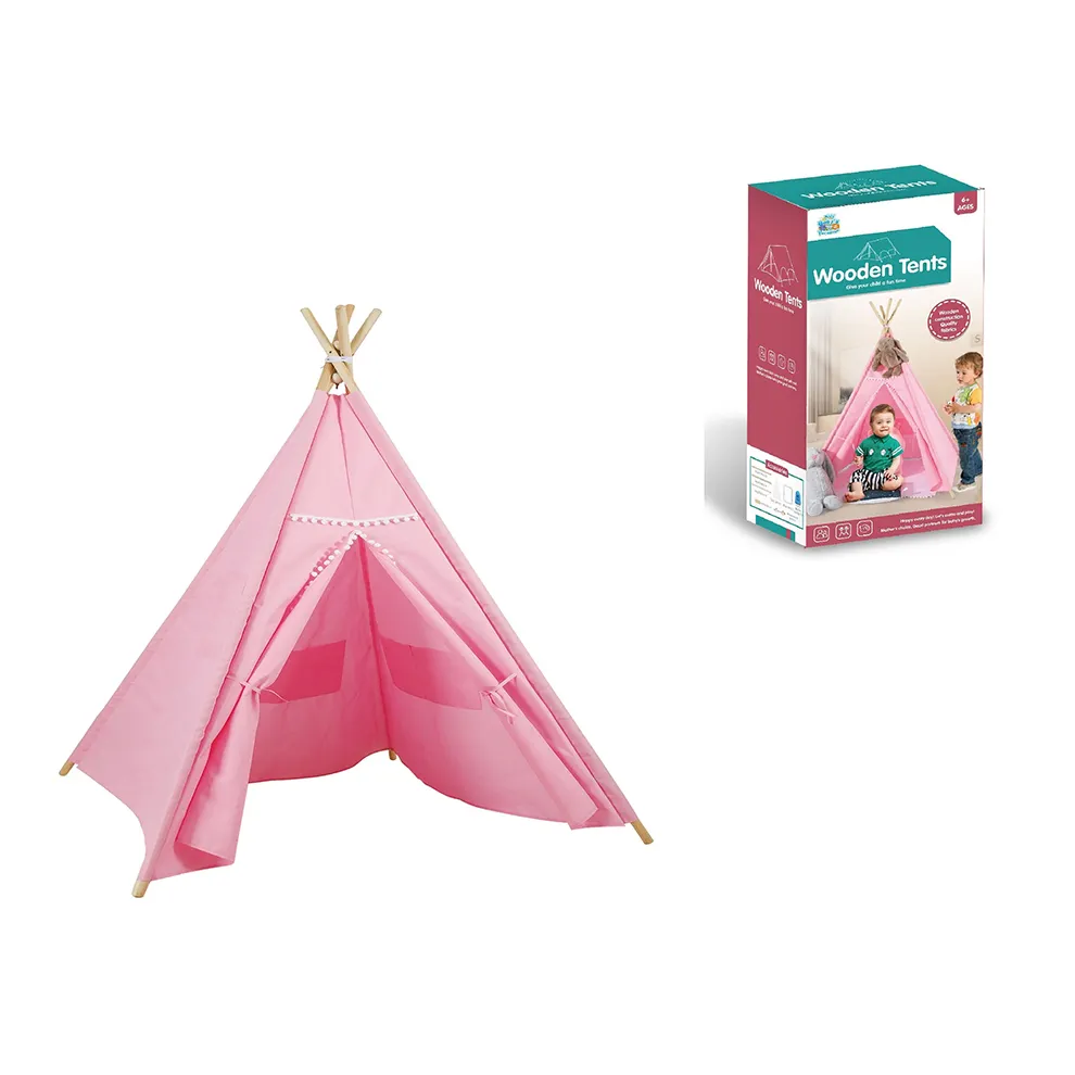 DIY Assemble Pine Wood Pole 3D Pink Color Pyramid Castle Play Tent Toy Teepee Tent For Girls Gifts
