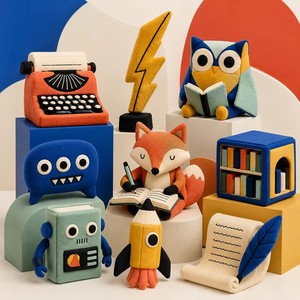 Set de Papelería Geométrica de Peluche Personalizado con Mascota, Colgante de Peluche con Diseño de <span class=keywords><strong>Zorro</strong></span>, Búho, Máquina de Escribir, Lápiz y Cohete en Bloques de Color - Product Image 1