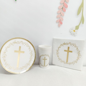 DAMAI - Artículos para Fiestas de Bautismo Cristianas, Cruz Dorada y Corona de Olivos, Platos Desechables, Platos de Papel, Vasos, Servilletas - Product Image 1