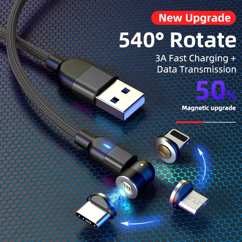 540 תואר מסתובב מגנטי USB כבל 3 ב 1 צורת L מגנטי כבל USB מטען 3A מהיר טעינת כבל מגנטי עבור כל טלפונים