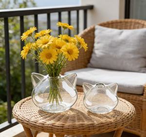 Nouvelle Tendance : Terrarium en Verre Soufflé à la Main en Forme de Chat, Transparent, Personnalisable – Vase et Support pour Plantes OEM pour Arrangements Floraux - Product Image 5