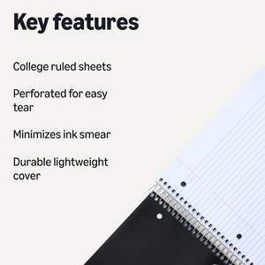 大学ノート（罫線入り、スパイラル綴じ）、5教科用、200枚、9 x 11インチ、黒 - Product Image 5