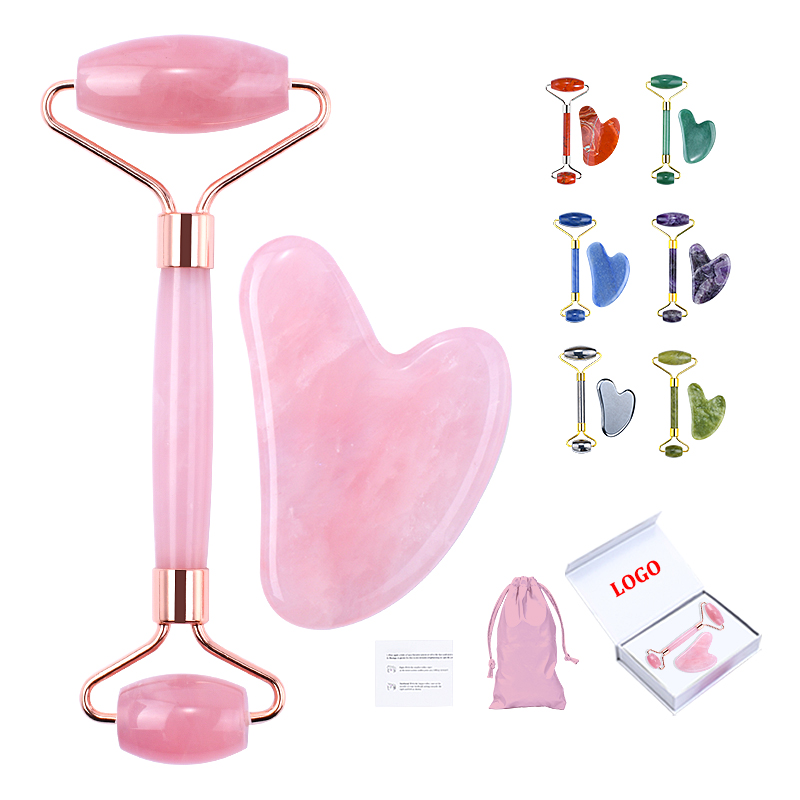 Private Label Rozen Quartz Jade Roller En Gua Sha Set Groothandel Anti-Veroudering Jade Roller Kit Natuurlijke Jade Guasha Steen Massage Set