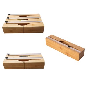 Distributeur de papier d'emballage 3In1Distributeur de papier d'aluminium en bois de bambou Coupeur de rouleau de papier d'aluminium Organisateur de papier d'aluminium Distributeur de film plastique avec coupe-glissière - Product Image 3