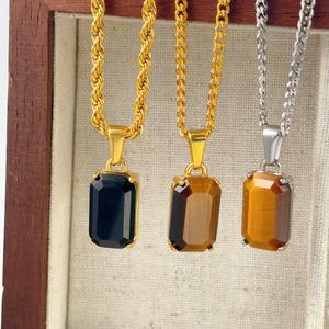 PVD Collar Antideslustre de Acero Inoxidable Chapado en Oro de 18K, Colgante de Piedra Natural de Espectrolita Negra, Collar de Piedra de Ónix para Hombre - Product Image 5