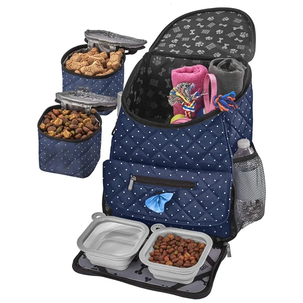 Dog Travel Bag  Deluxe Quilted Backpack  Includes Lined Food Carriers and 2 Collapsible Dog Bowl