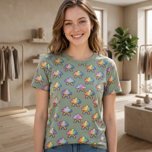 เสื้อยืดแขนสั้นพิมพ์ลายเมฆสีรุ้งลำลองสำหรับผู้หญิง คอกลม เสื้อฤดูร้อน ผ้าฝ้าย 100% ระบายอากาศได้ดี พิมพ์ลายตัวอักษร - Product Image 1
