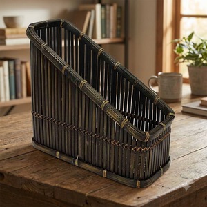 Handwoven Bamboo Magazine Holder Desktop Document <b>Organizer</b> <b>File</b> Storage Basket for Home Office from Vietnam - Product Image 1