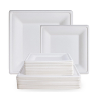Assiette carrée jetable en bagasse de canne à sucre, biodégradable et compostable, pour la restauration et les événements.