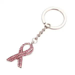 时尚粉色丝带珠光水晶水钻金属钥匙链乳腺癌意识蝴蝶结包魅力丝带钥匙圈吊坠