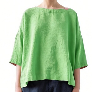 Blusa de Algodón para Mujer, Corte Holgado, Cuello Barco, Manga Murciélago 3/4, Camisa Casual con Textura Crepé, Top de Verano para Uso Diario y Vacaciones - Product Image 3