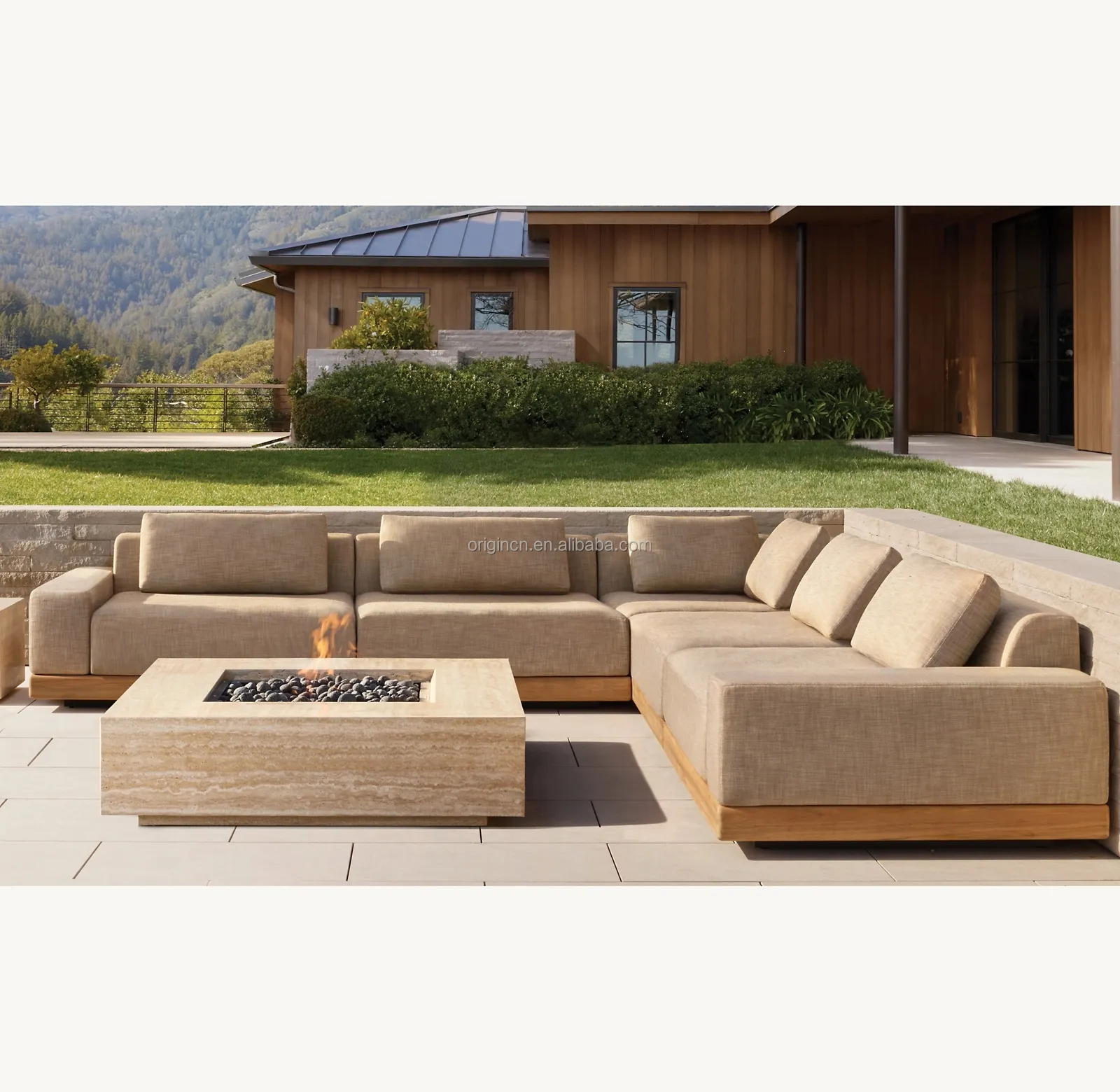 أريكة ركنية من خشب الساج بتصميم أنيق وحديث ومنقوشة على شكل حرف L ومناسبة للاستخدام في الحدائق والأماكن المفتوحة