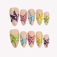 Ongles à presser en acrylique Y2K, motif étoile arc-en-ciel, entièrement ornés de strass, French Manucure, forme amande, longueur longue, personnalisables, avec estampage doré