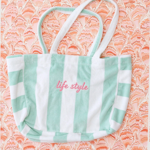 2025 New Design Wholesale <b>Women</b> Cute Shopping Towelling <b>Beach</b> Handbag Custom Embroidery Logo Stripe Terry <b>Towel</b> Blue Tote Bag - Product Image 3