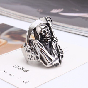 Grim Reaper Skull <b>Ring</b> | Antique Finish Stainless Steel Gothic Biker <b>Ring</b> for Men | Vintage Silver Tone Heavy <b>Statement</b> Jewelry - Product Image 3