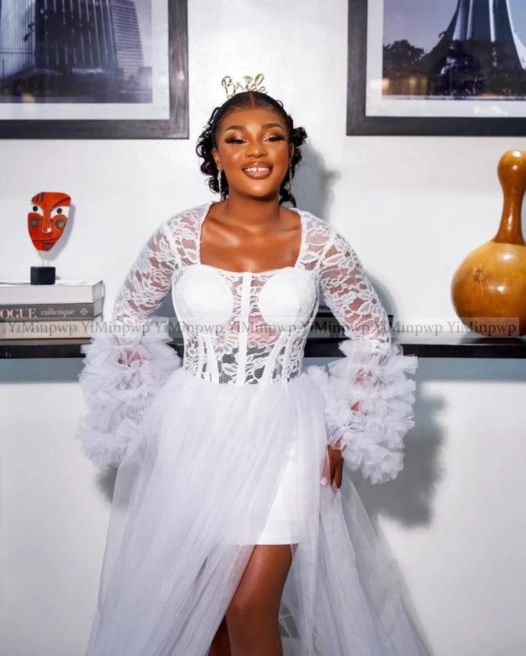 White Lace Wedding Dresses Bride Robe Long Sleeve Side Split Inside Short  Sheath Skirt Tiered Bridal Shower Dress Customized| Alibaba.com