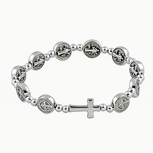 Pulseira de Hematita com Crucifixo e Contas de Metal de São Bento, Elástica - Product Image 1