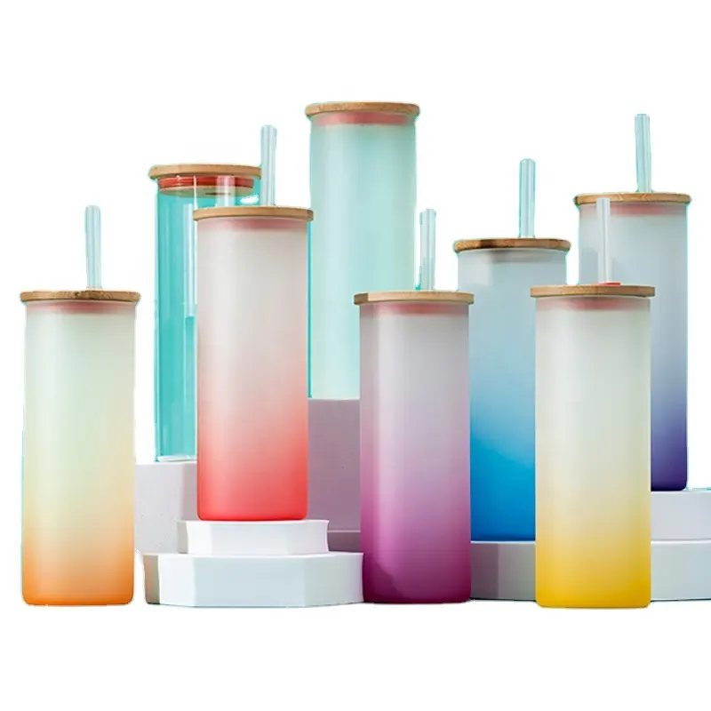 Renkli cam sıska Tumbler bambu kapaklı ve saman süblimasyon cam cam kupa kupa en çok satan ürün