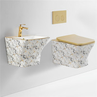 Ensemble WC mural doré en céramique, lavabo mural rectangulaire moderne, sanitaires de salle de bain plaqués or