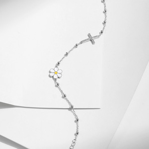S925 Silver Chain <b>Bracelet</b> With Cross And Daisy Flower Rhodium Plated Women's Everyday Wear <b>Cute</b> Style Jewelry - Product Image 6