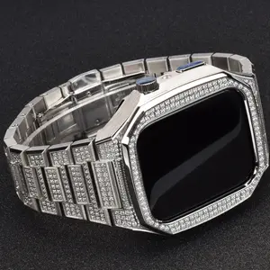 Correa de carcasa de reloj de acero y titanio de lujo para Apple Watch, 44mm, 45mm, banda de diamante de Metal para Iwatch serie 8 7, Kit de modificación Diy