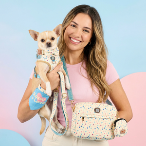 Collier, laisse, harnais et sac pour petits animaux MIDEPET avec logo personnalisé, motif cœur blanc et rubans en nylon et polyester dorés à séchage rapide - Product Image 1