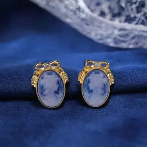 2024 New Design Bowknot Carved Lady Portrat Cameo Vintage Jewelry Earrings For Girl