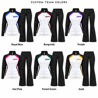 Veste et pantalon d'échauffement de cheerleading extensibles dans les quatre sens, personnalisés, à rayures bleues, noires et blanches, avec fermeture éclair intégrale et col montant, pour entraînement d'équipe