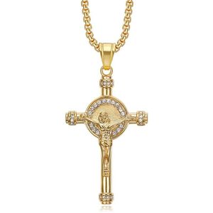 Collier avec pendentif croix en acier inoxydable plaqué or, serti de diamants, bijoux unisexes, cadeau - Product Image 1