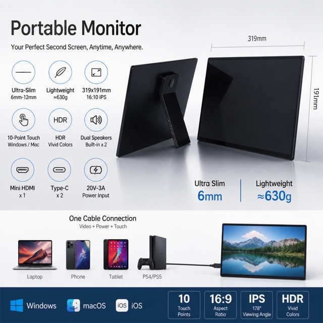 Ultra-slim 630g 6mm Thickness 1080p 14 Inch Touch Control Type-C Interface Portable Monitor One-Cable Connection Business Travel