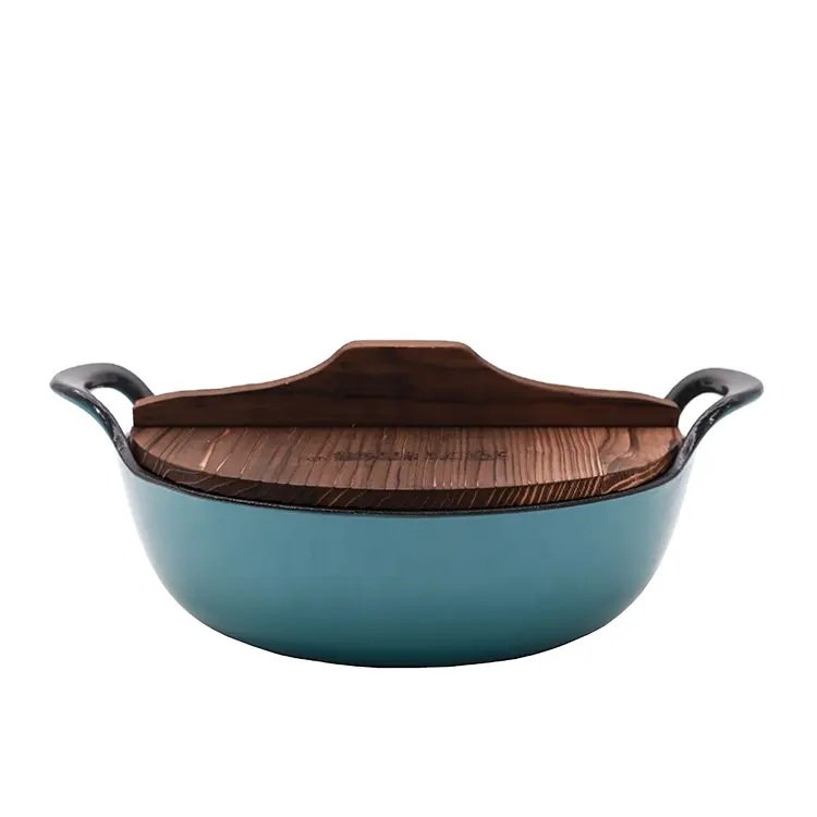 Utensílios de cozinha wok 20/24/26cm, revestimento de balti, para cozinha, ferro fundido, esmalte com tampa de madeira e alça larga