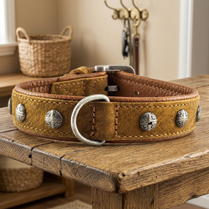 Exclusive Quality Hot Selling Custom Made Leather Soft Padded Dog <b>Collar</b> With Round Shaped Stud Indian Manufacturer - Product Image 3