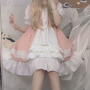 Kawaii <strong>Lolita</strong> Maid Dress Pink Goth Gothic Birthday Party Dress Puff Sleeve Japanese Harajuku Ruffle Lace-up Soft Girls - Product Image 3