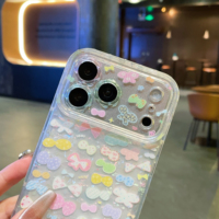 Nouvelle coque de téléphone anti-traces de doigts PC+TPU avec grande fenêtre, cadre d'objectif floral, coque latérale en coquille colorée diamantée et nœud macaron pour 17 Pro Max 16