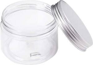 Pot d'emballage alimentaire transparent en PET de 150 ml à large ouverture avec bouchon à vis en aluminium de marque VANTUR, étiquette adhésive et col en aluminium - Product Image 4
